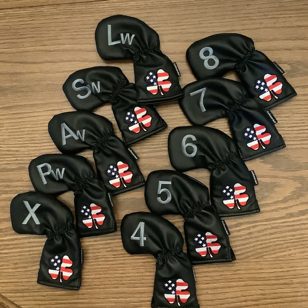Craftsman Black Leather Iron Golf Club Headcovers with American Flag Design